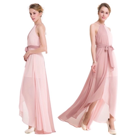 💥 SALE Sheer Blush Rose Halter Chiffon Maxi Gown - Picture 5 of 8